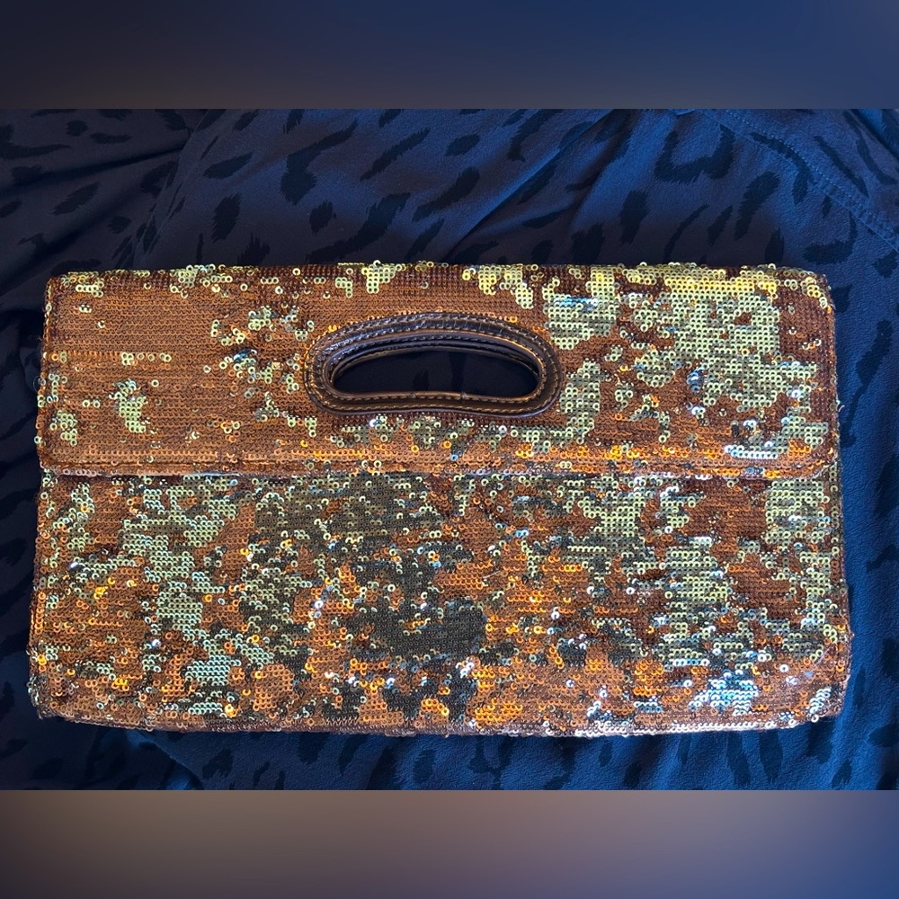 Stefanel bronze and gold sequined evening clutch